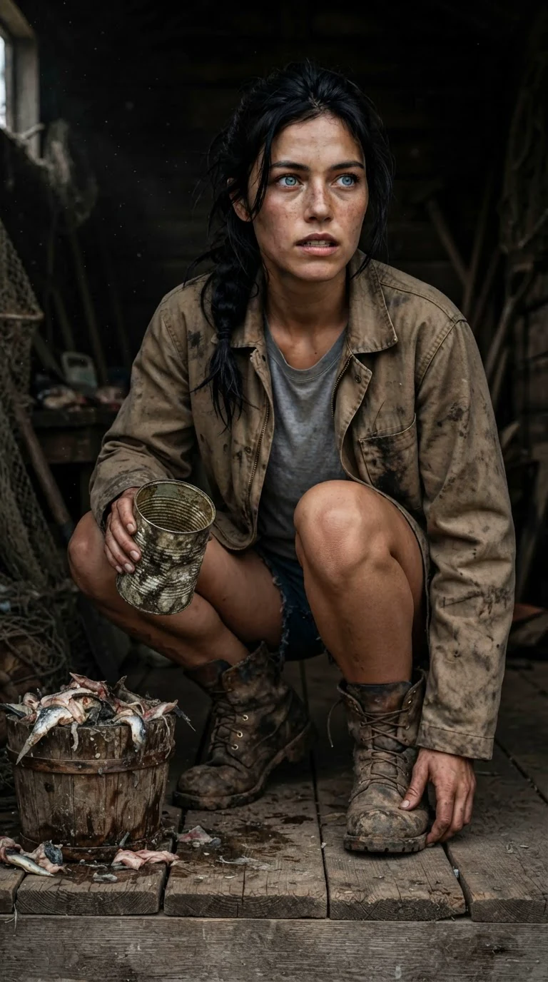 Aria holds an empty tin and stares at a bait bucket full of fish guts.