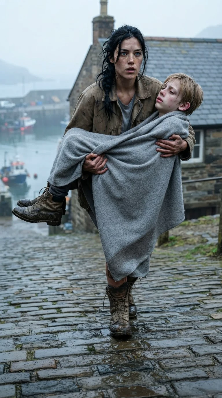 Aria carries Oren up the wet stone hill toward the pack house.