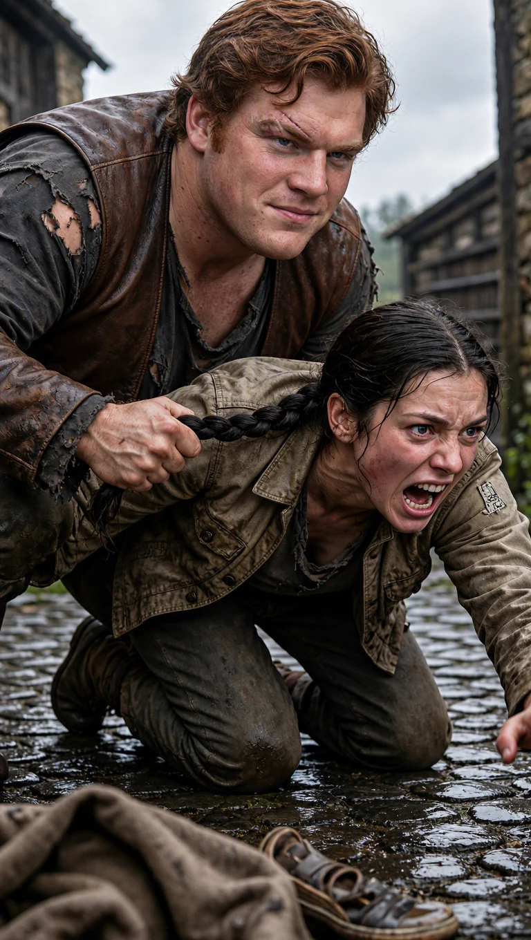 Jarvis hauls Aria down by her braid as Oren falls to the cobbles.