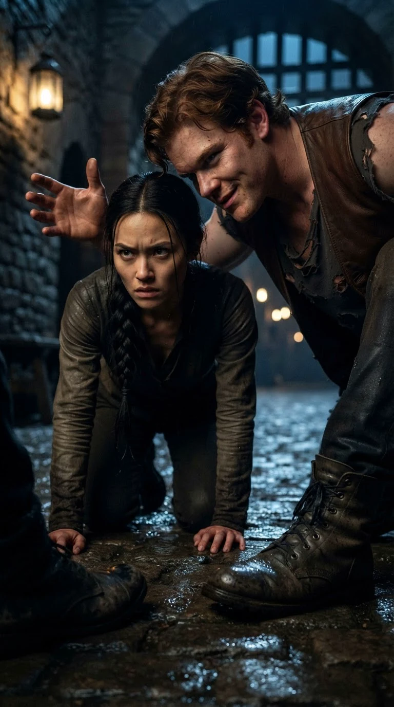 Jarvis leans over Aria with his boot on Oren's shoulder, whispering a threat.