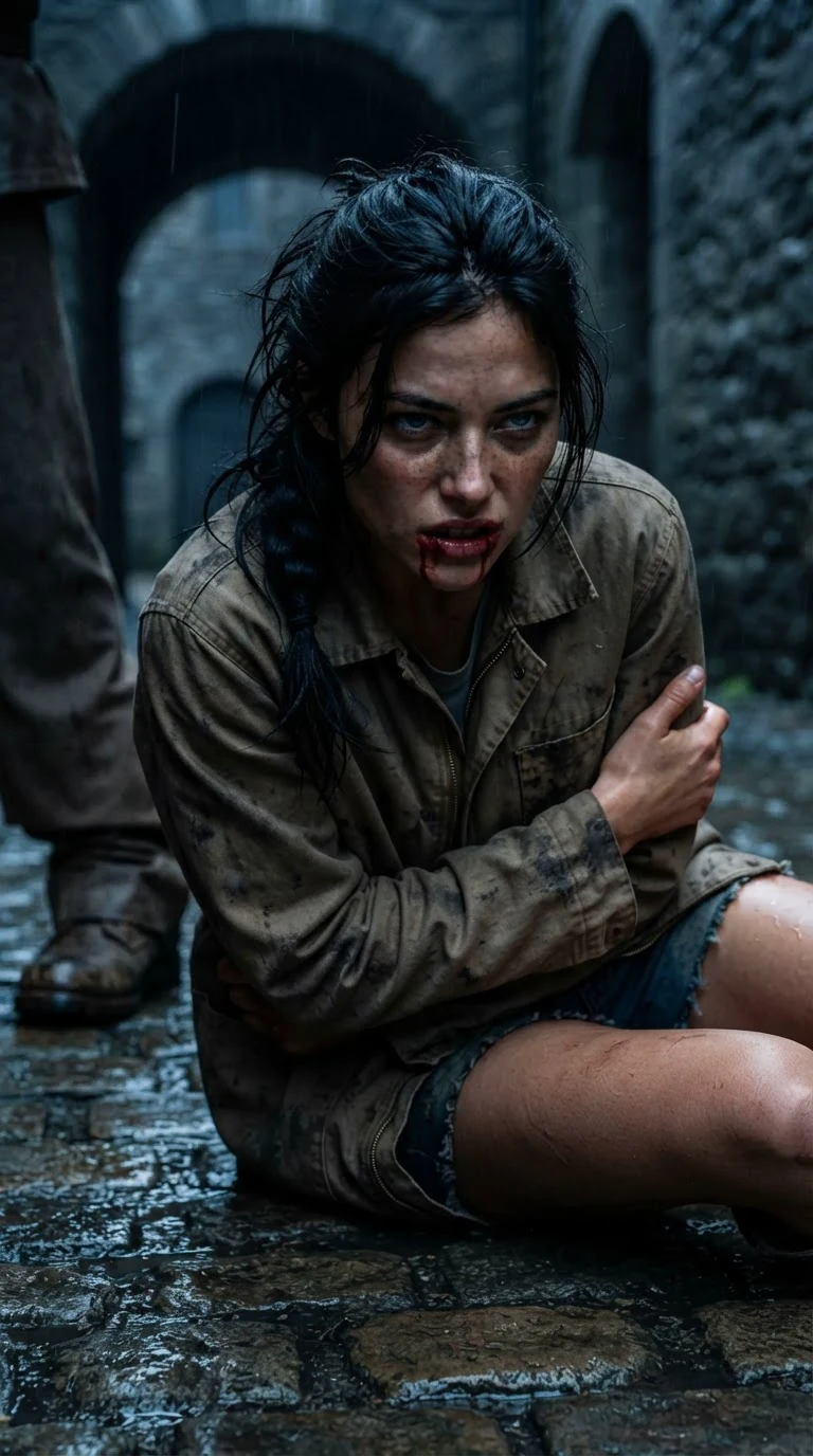 Aria doubles over on the stones, blood on her mouth, gripping her ribs.