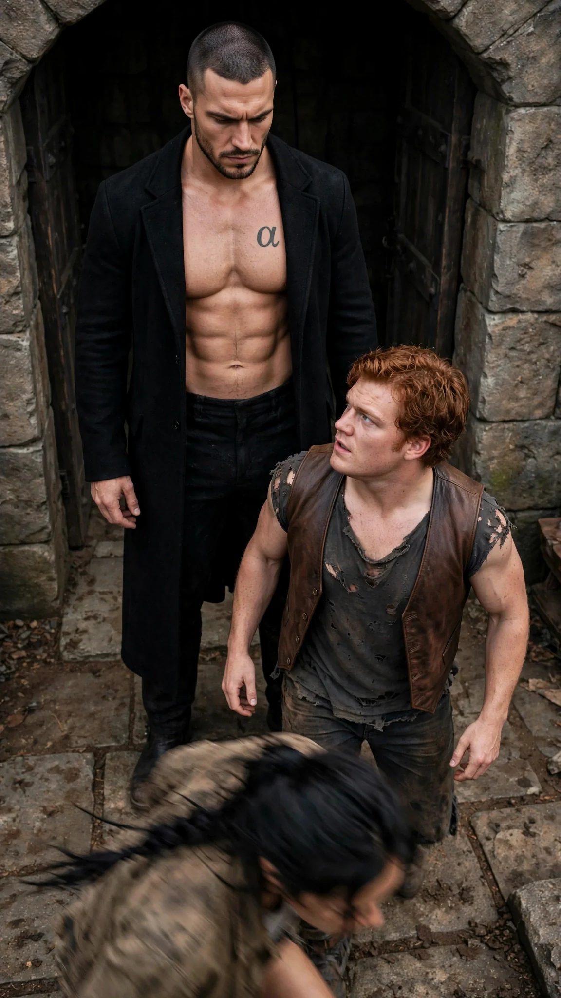 Galen stands in the opened gate, coat open over his bare chest, staring Jarvis down.