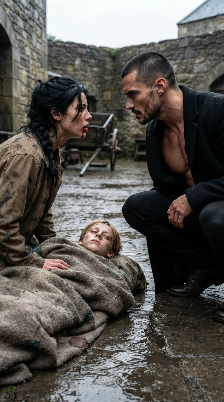 Galen looks down at Aria kneeling bloody on the cobbles.
