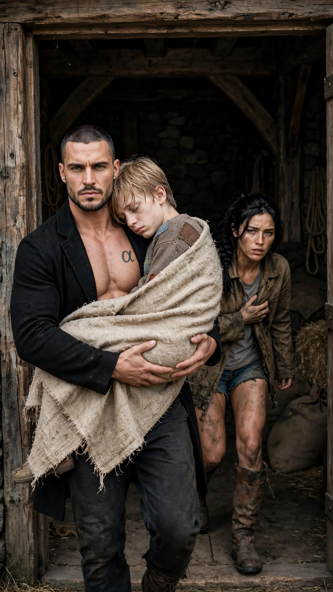 Galen carries Oren through the pack house door as Aria limps behind.