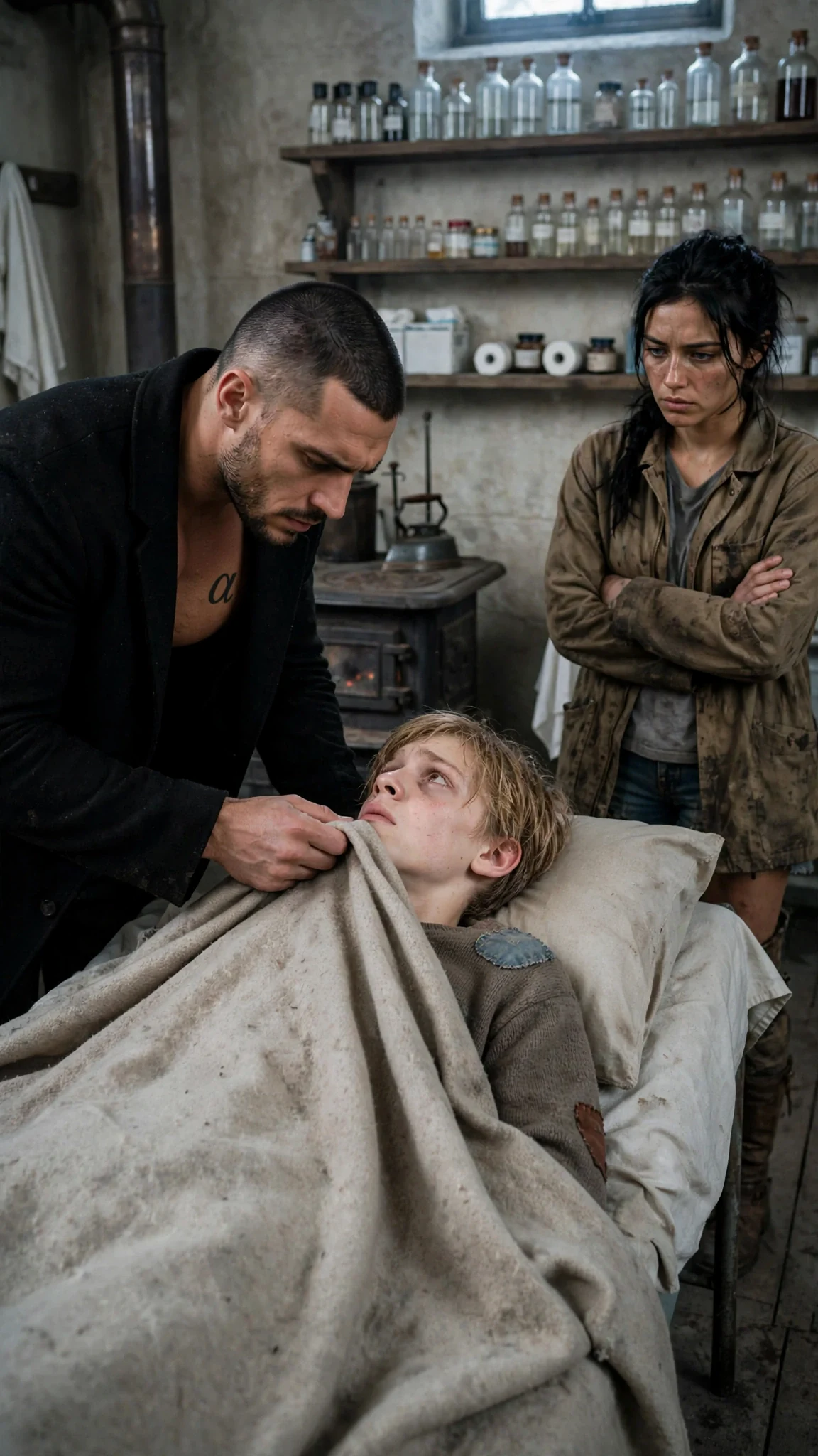 Galen lays Oren on an infirmary cot while Aria stands stiffly nearby.