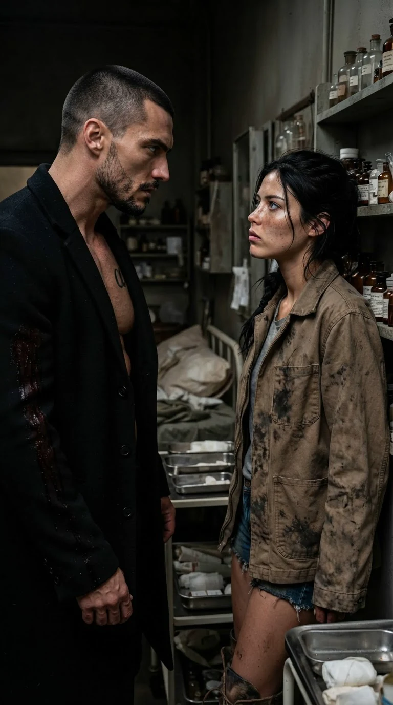 Galen turns from the cot toward Aria, his sleeve dark with blood.