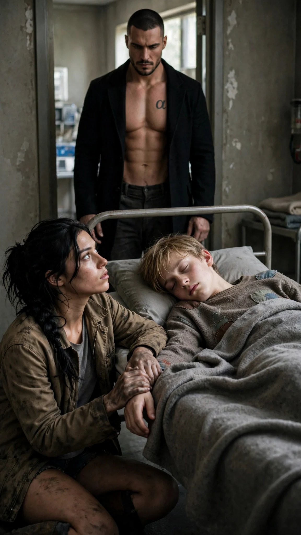 Aria sits on the floor beside Oren's cot, her hand in his, looking up at Galen.