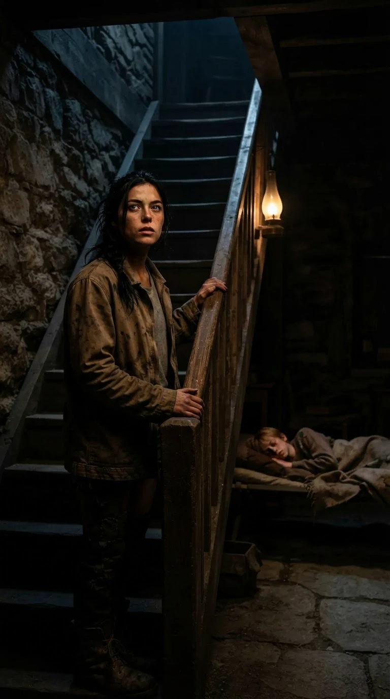 Aria looks up the dark stairs of the pack house, her brother asleep behind her.