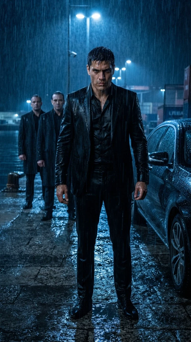 A tall man in a black suit stands in the rain beside a car on a dark dock.