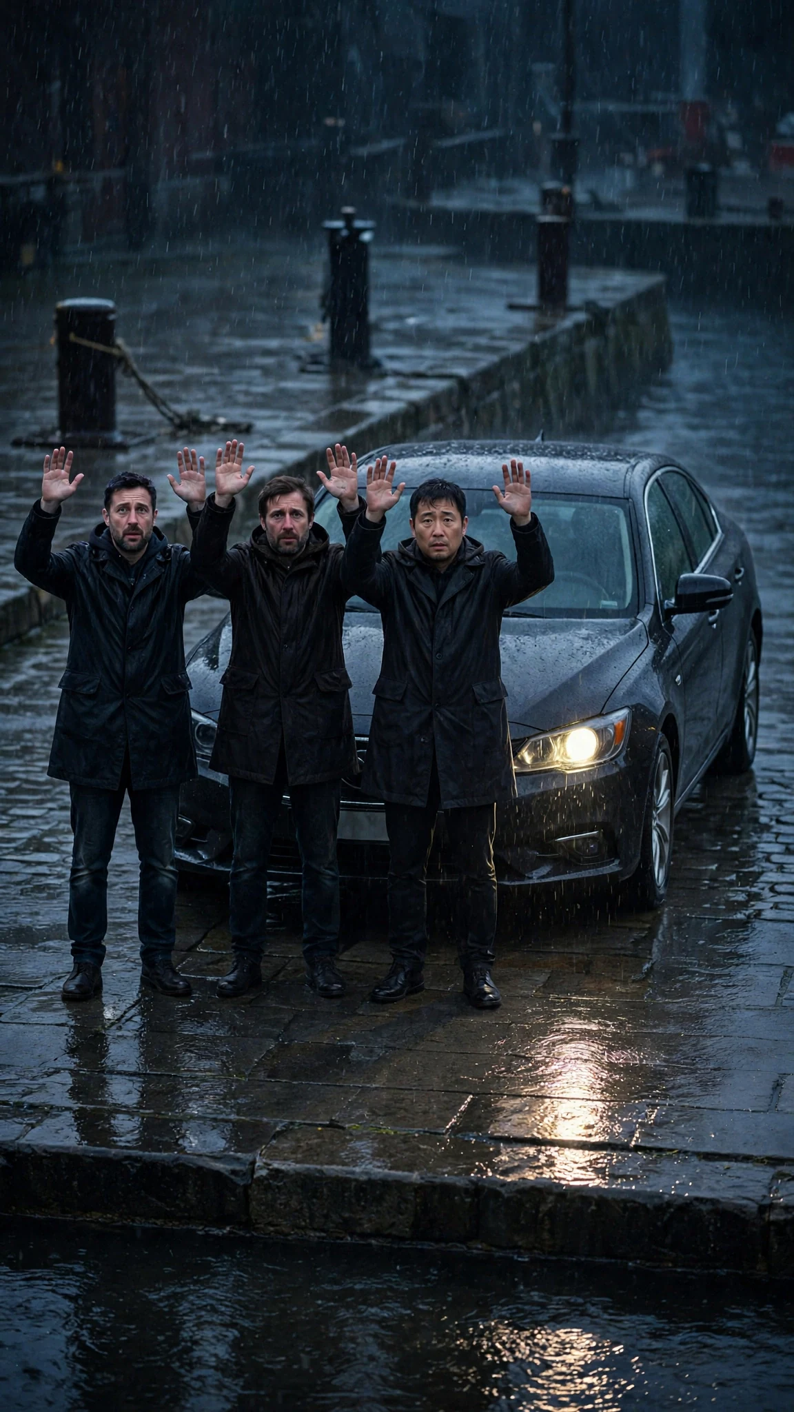 A car with one broken headlight rolls slowly down a rainy dock toward waiting men.