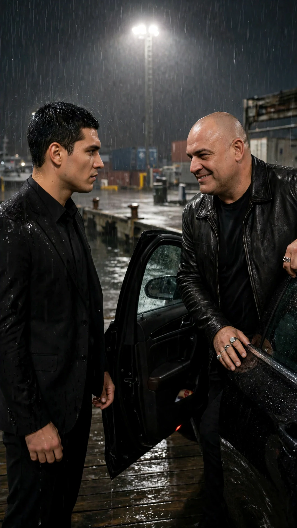 A thick-set man with a shaved head steps out of the car and smiles.