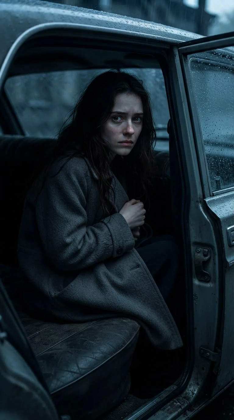 A thin young woman sits in the back seat with her hands tied and blood on her chin.