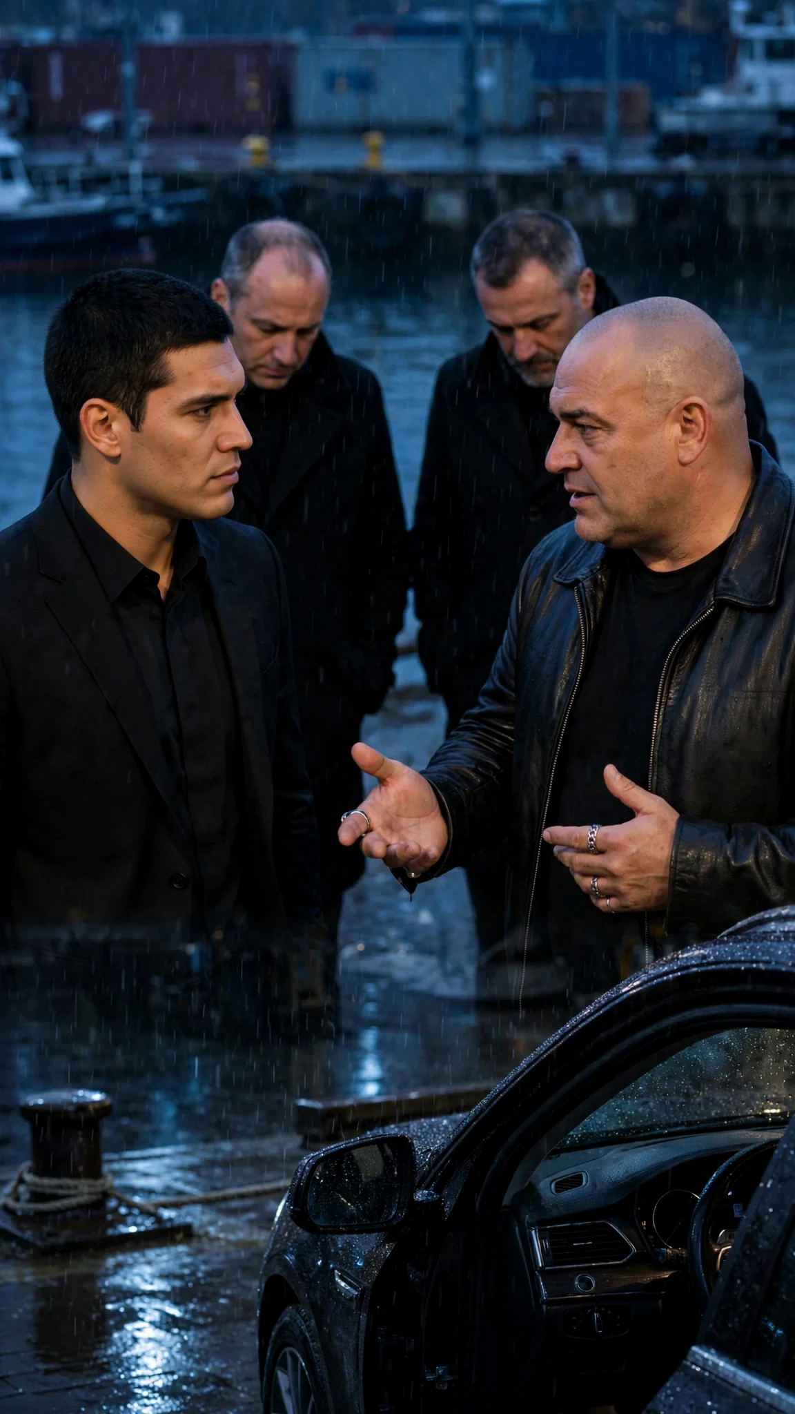 The shaved-head man gestures at the car while two men in coats look away.