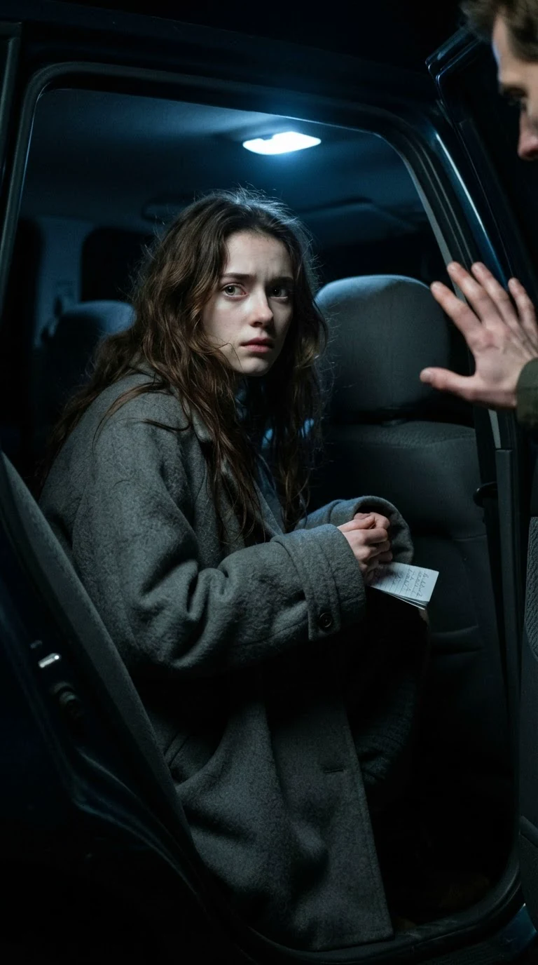 The bound woman lifts a small notepad and the man in the jacket backhands her.