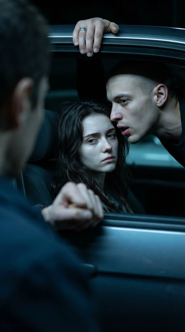 The shaved-head man leans close to the terrified woman in the car door.