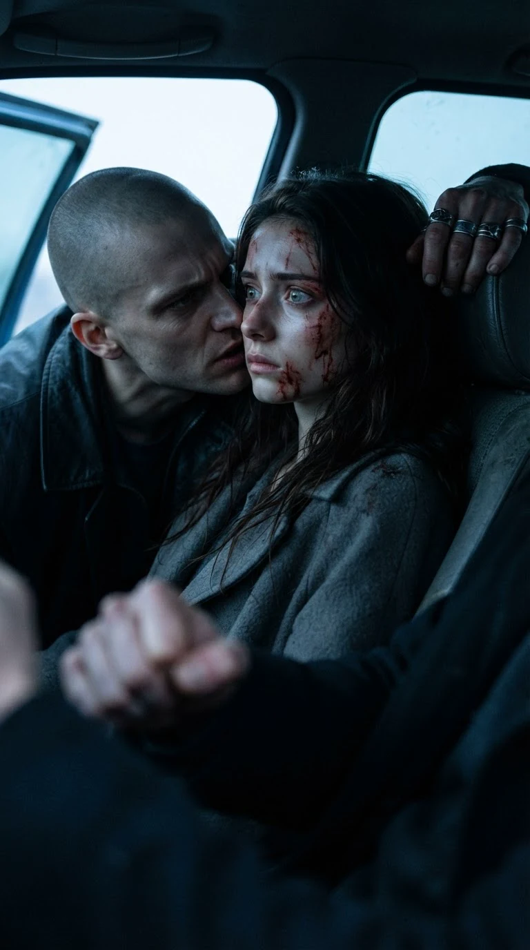 The shaved-head man whispers the rest of his threat at the pale woman's ear.