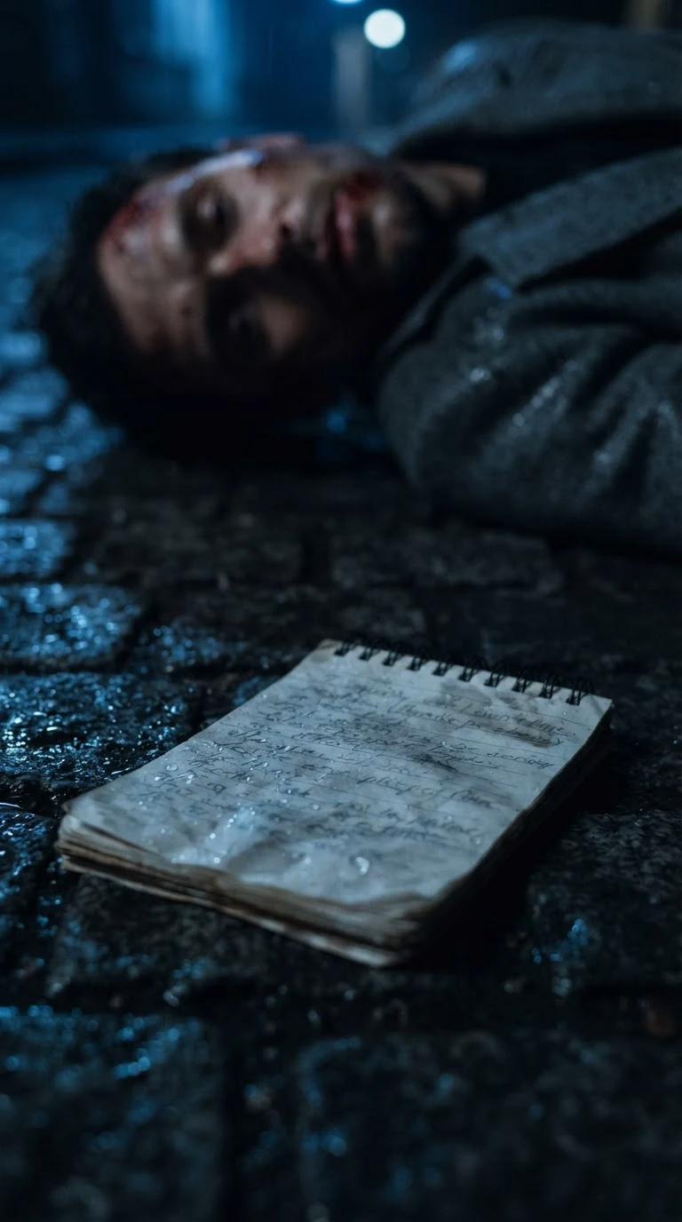 A small notepad lies open on the wet stone, covered in shaky pencil words.