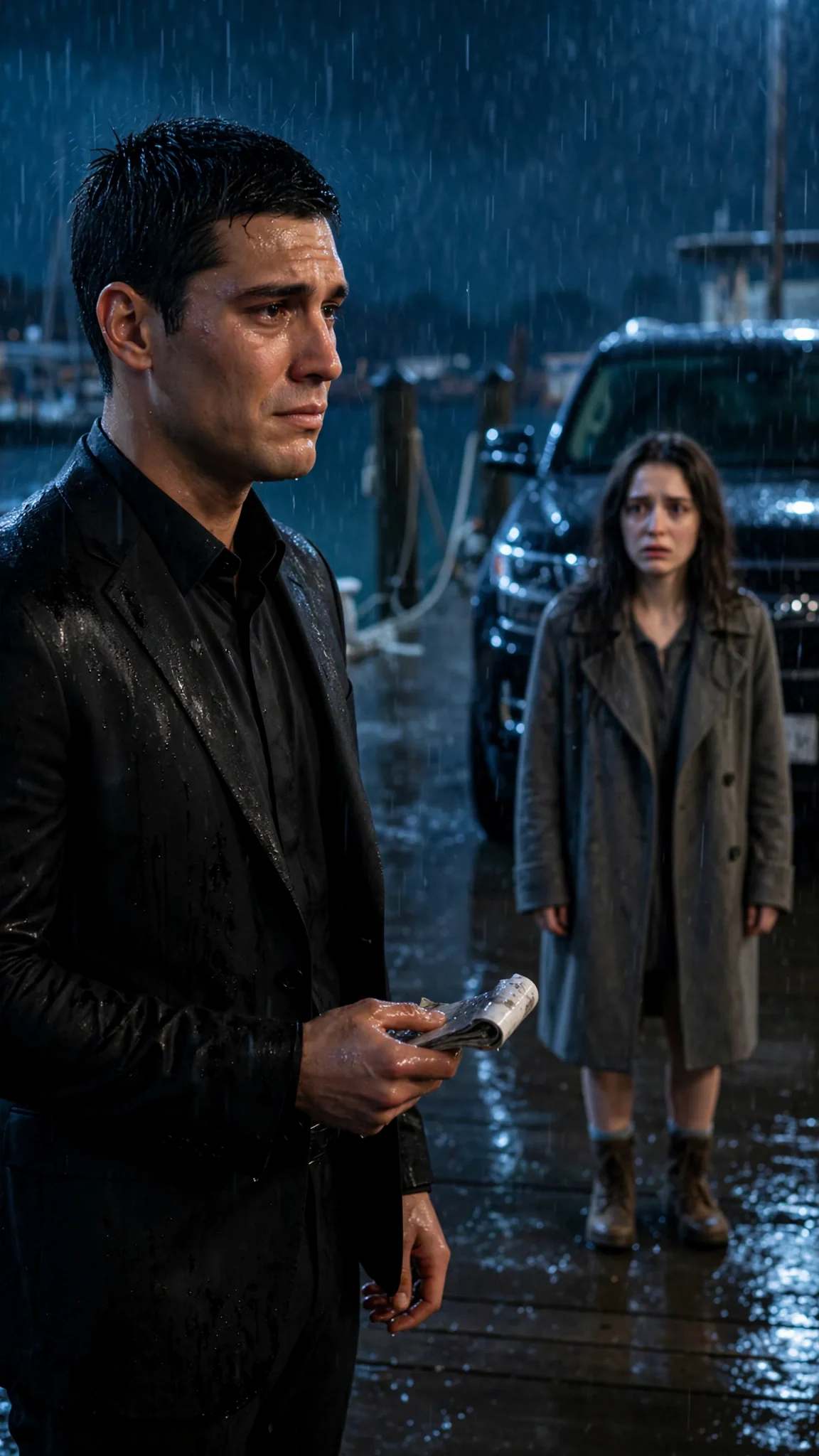 The man in the suit holds the wet notepad and looks at the thin woman.