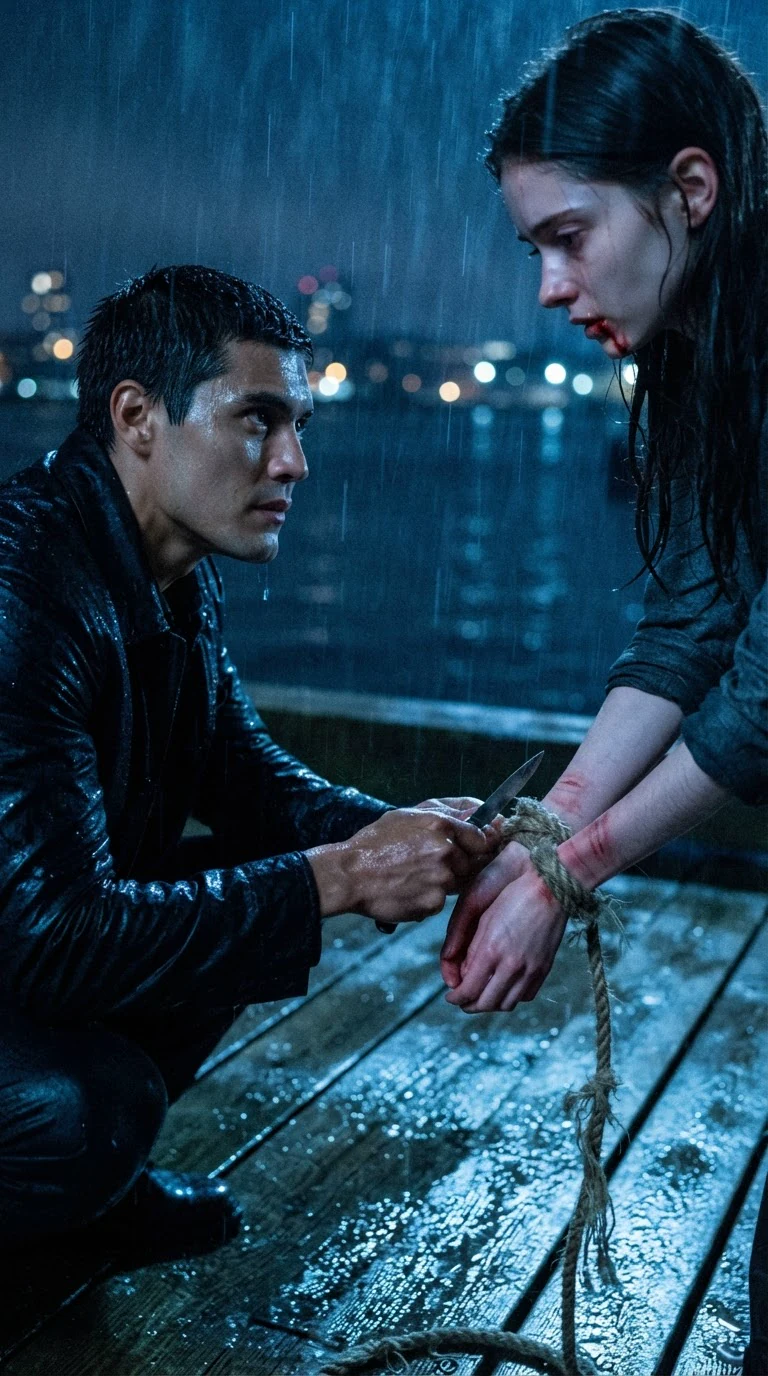 The tall man crouches low with a knife and cuts the rope on her wrists.