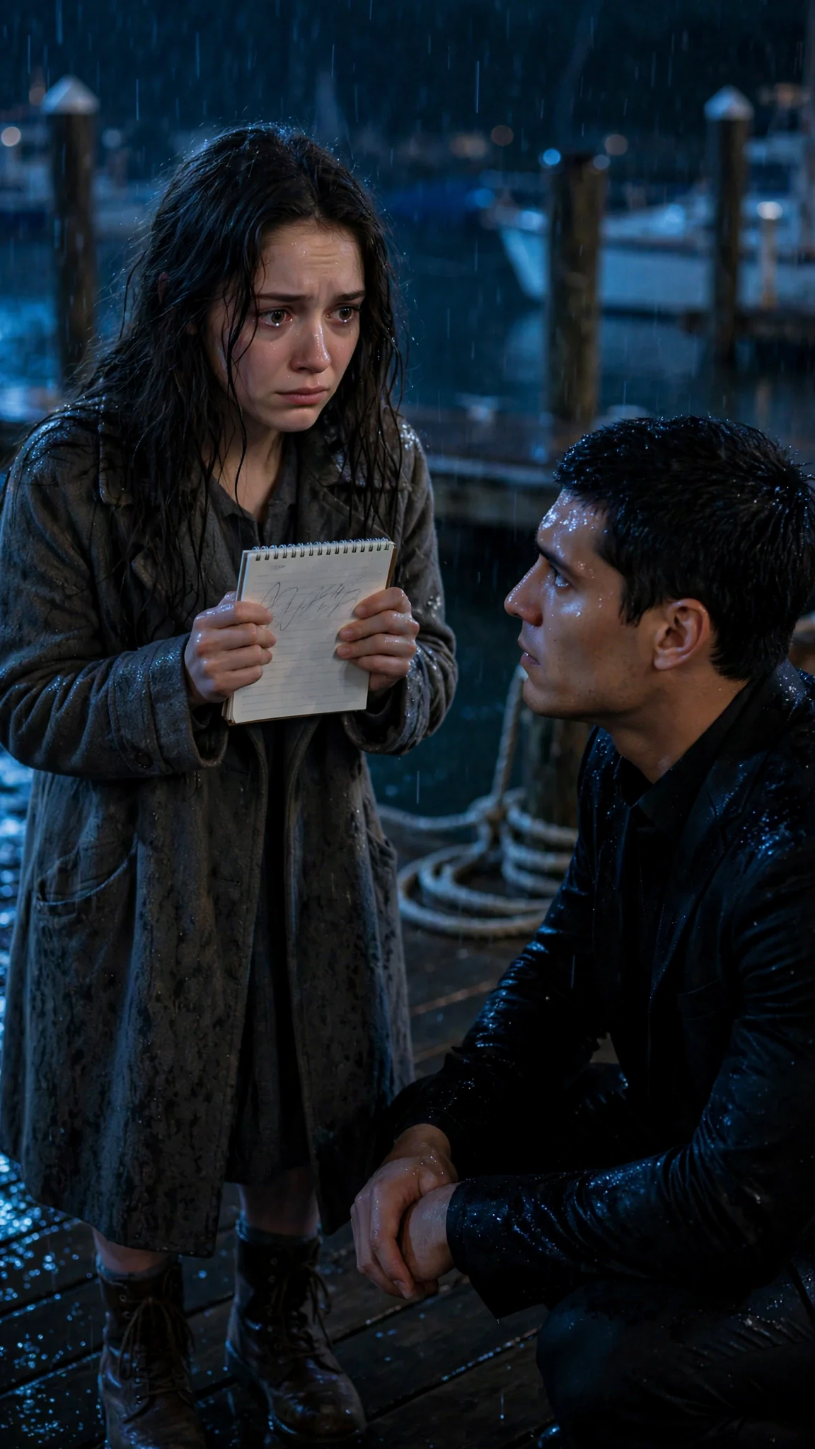 The thin woman writes one word on her pad and turns it toward him.