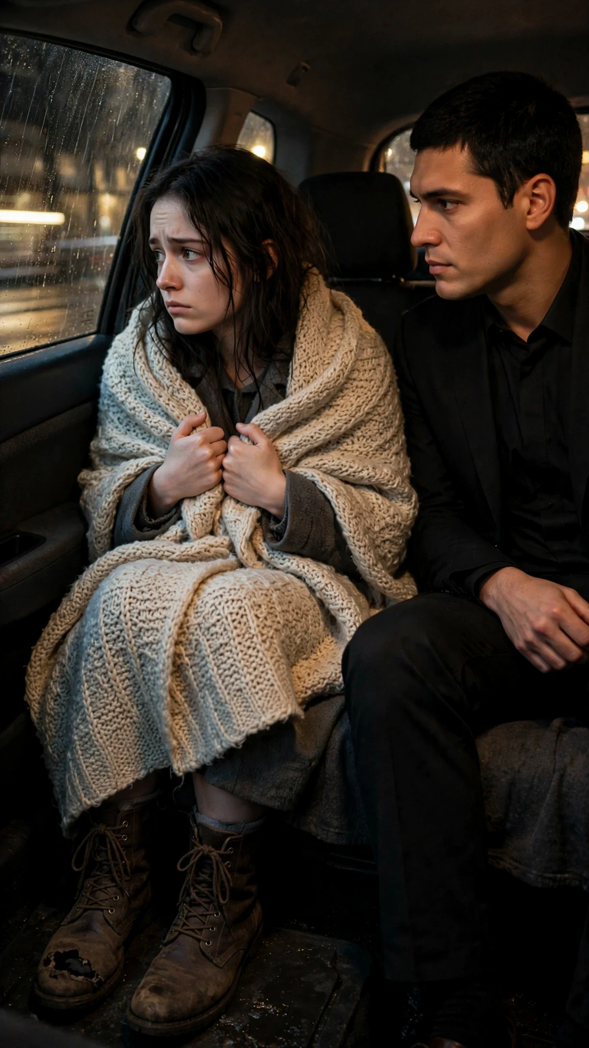 The thin woman sits pressed against the car door with a blanket around her.