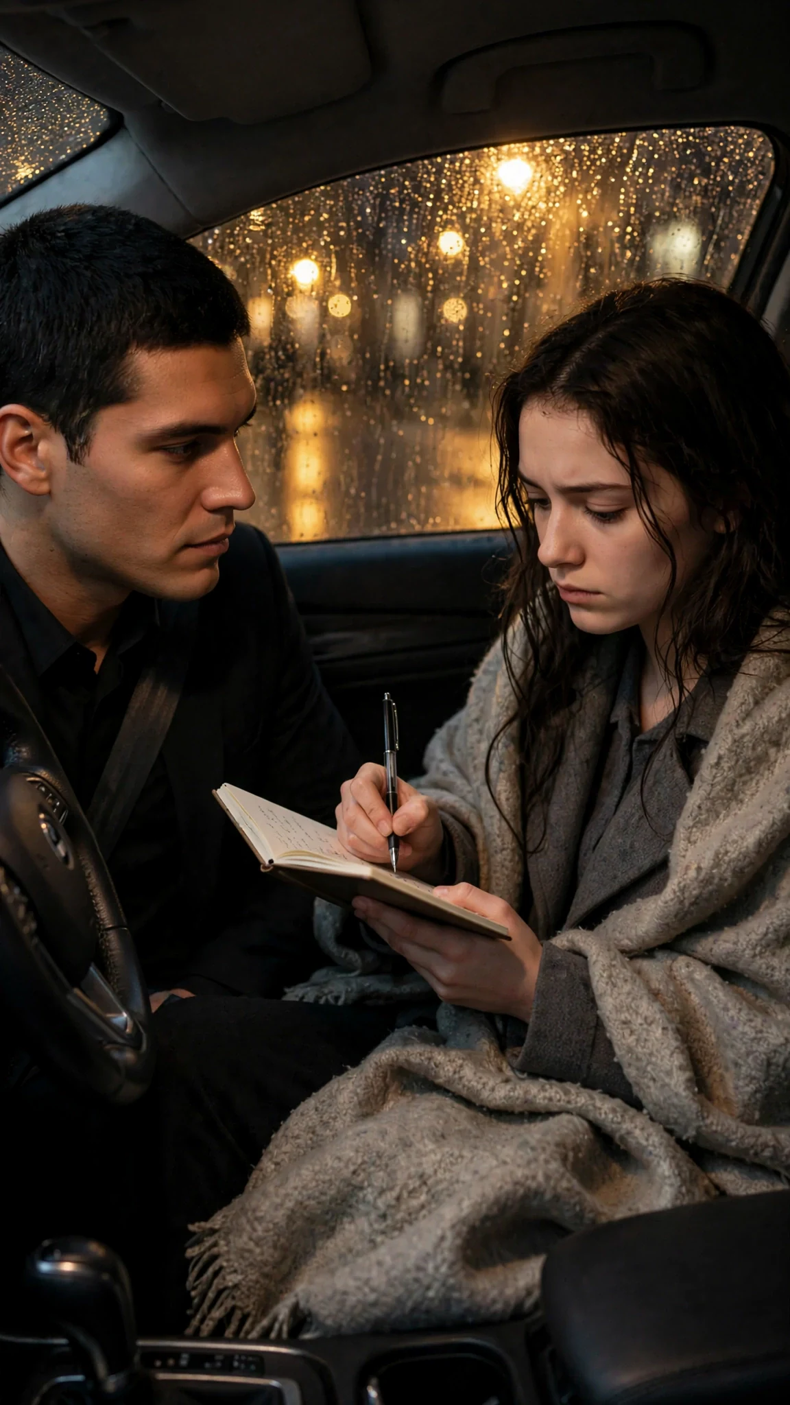 The thin woman writes on her pad in the car and shows him.