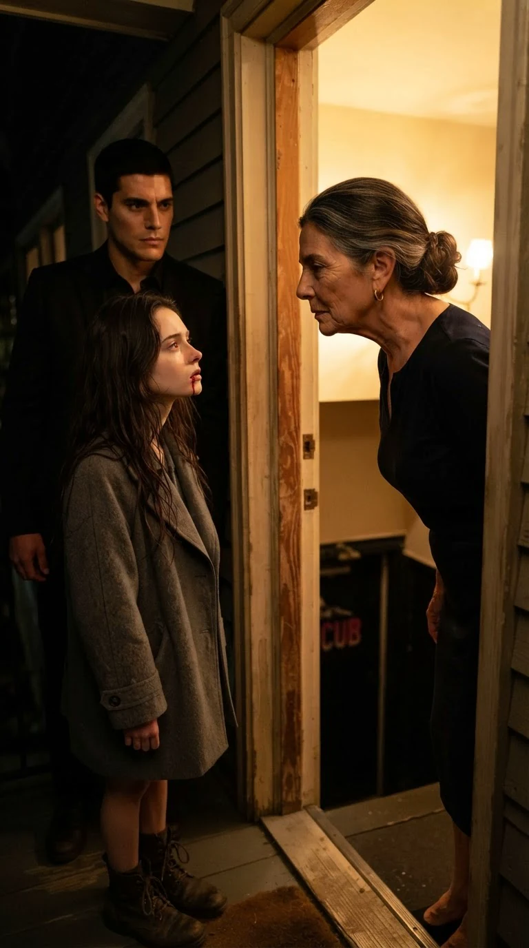 An older woman in a dark dress stands in a lit doorway looking at the bloodied young woman.