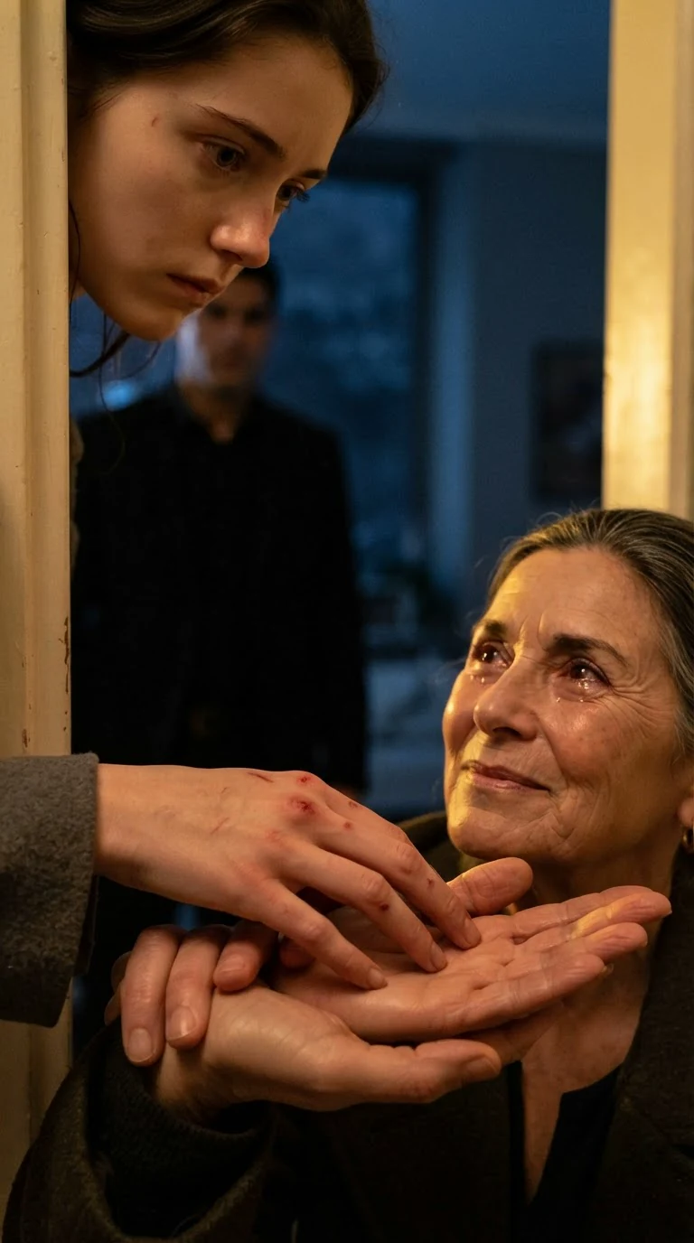 The thin woman slowly places her fingers in the older woman's open hand.
