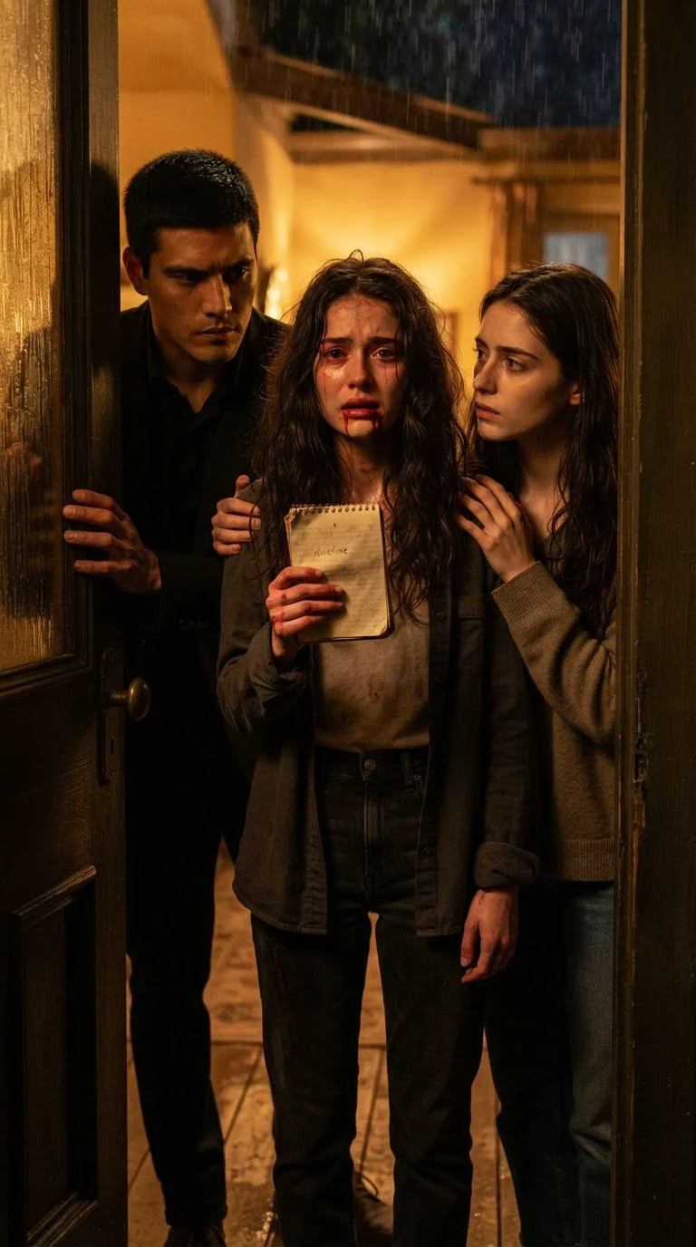 The young woman holds up her pad with one word and starts to cry in the warm doorway.