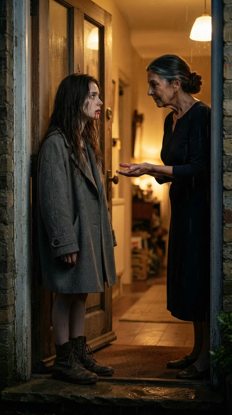 A small pale woman in a wet gray coat stands in a lit doorway while an older woman holds out her open hand.