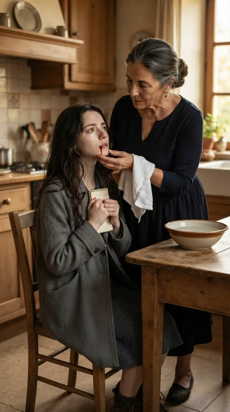 In a bright warm kitchen, an older woman guides a thin young woman into a chair and lifts a clean cloth.