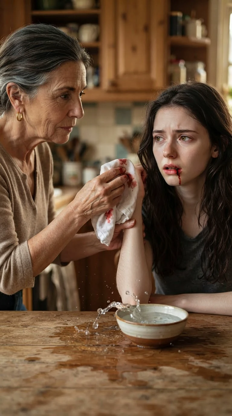 A bloody cloth comes away from a split lip as the young woman jerks back and knocks a bowl.