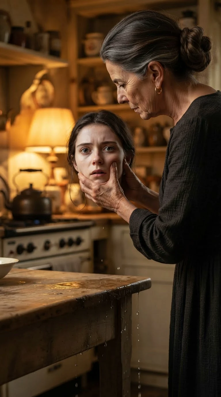 An older woman's hand grips a young woman's jaw to hold her still, and the young woman goes rigid.
