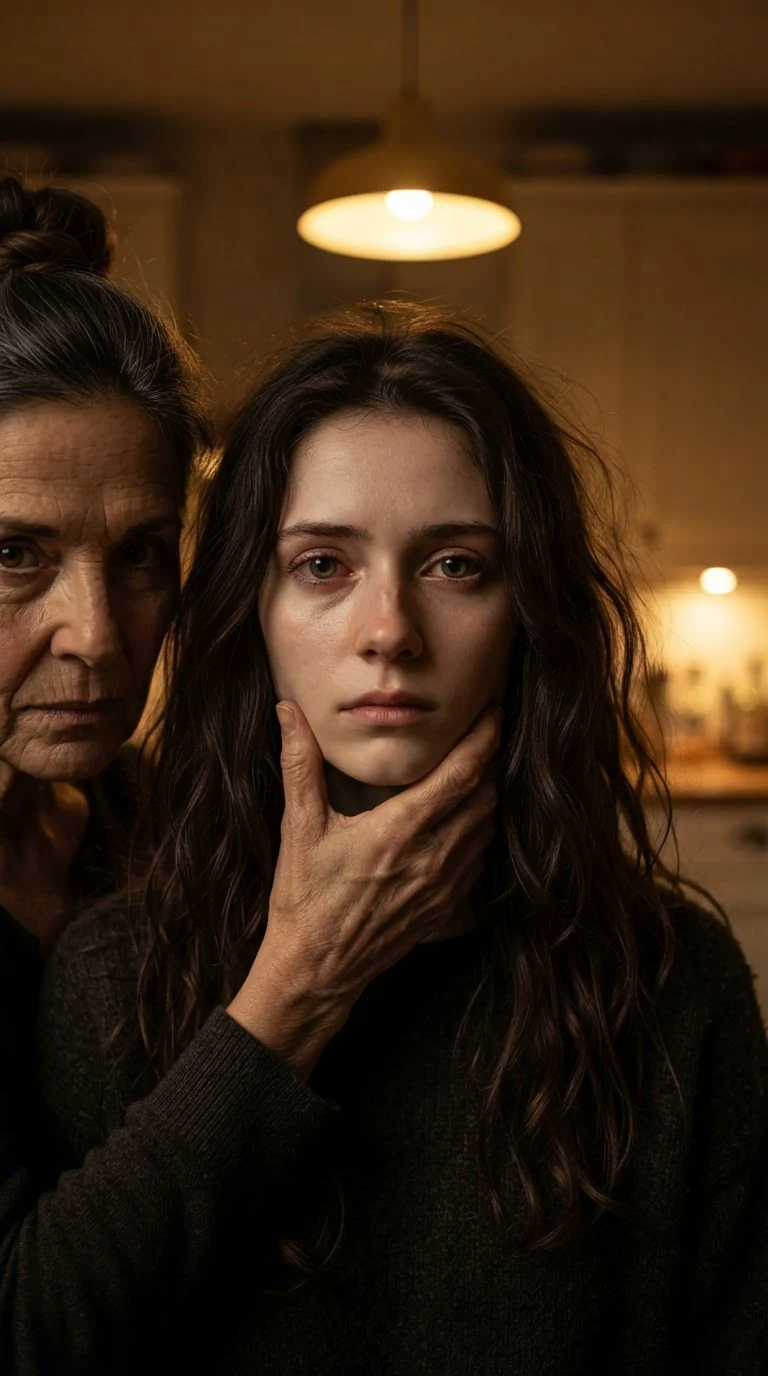 The young woman stares past the older woman, frozen, hearing something in her own head.