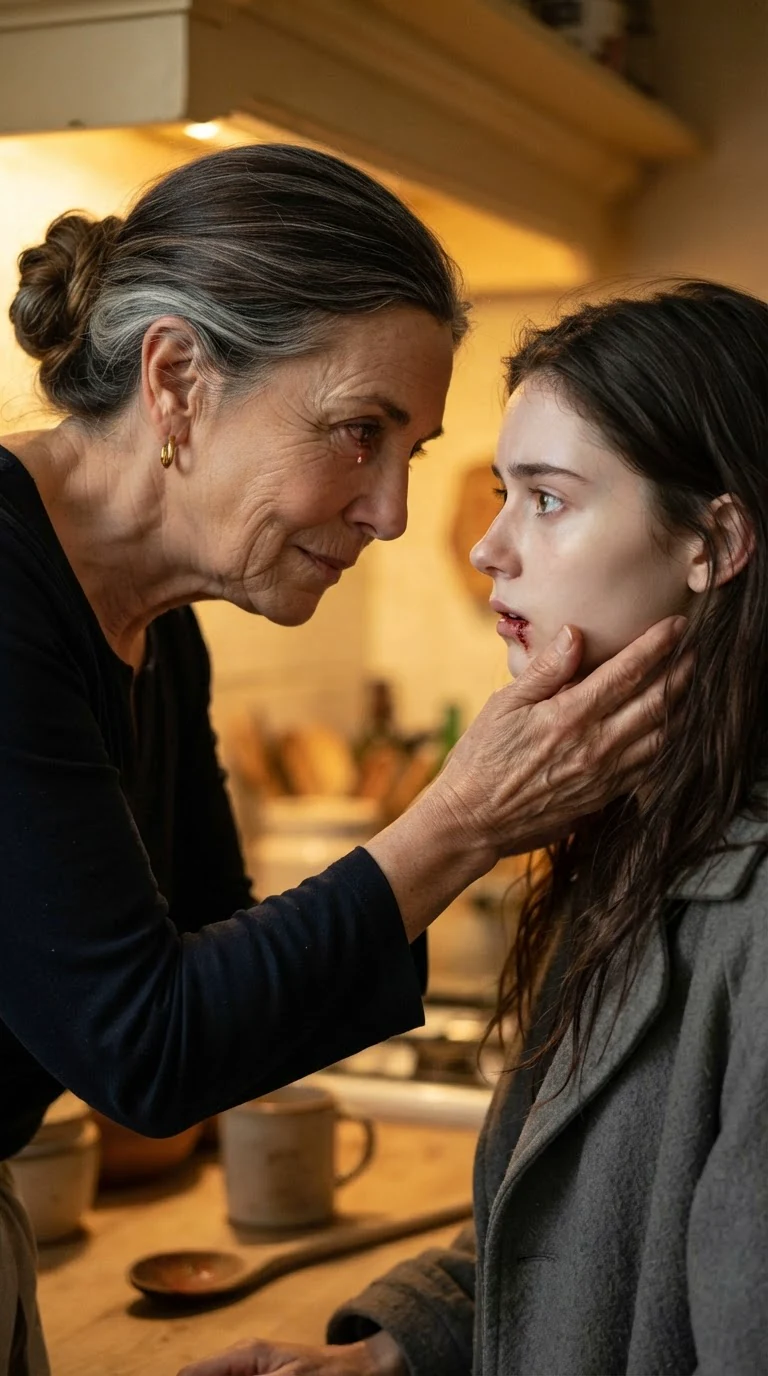 The older woman leans in close, eyes wet, and looks straight into the young woman's face.