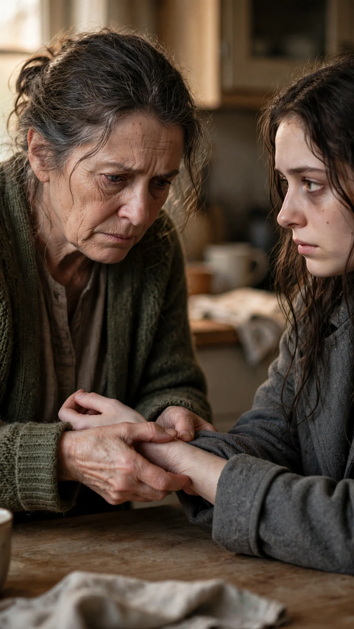 A thin wrist is turned over, showing red rope rings and small half-moon cuts, and the older woman's face hardens.
