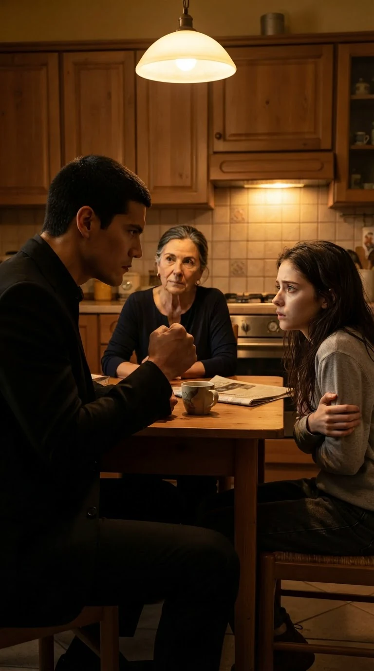 The tall man's face changes to cold fury while the young woman shrinks back in her chair.