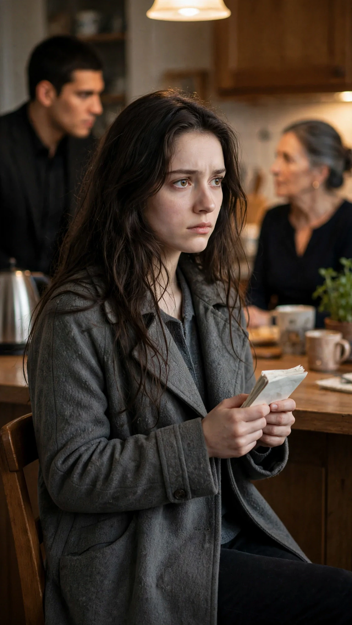 The young woman stares at the two of them, gripping her paper pad, not reassured.