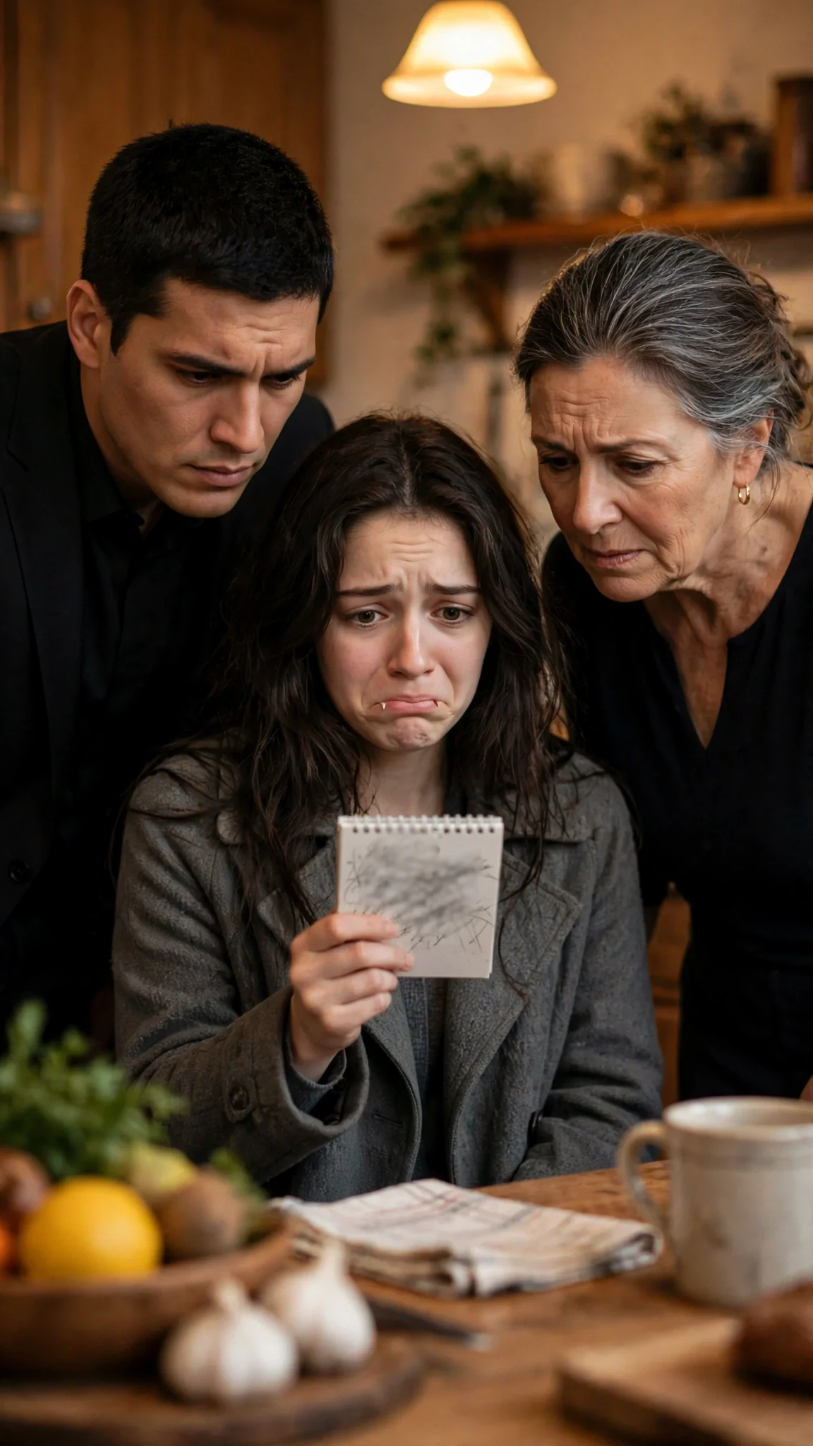 The young woman turns her paper pad around so the two others can read it.