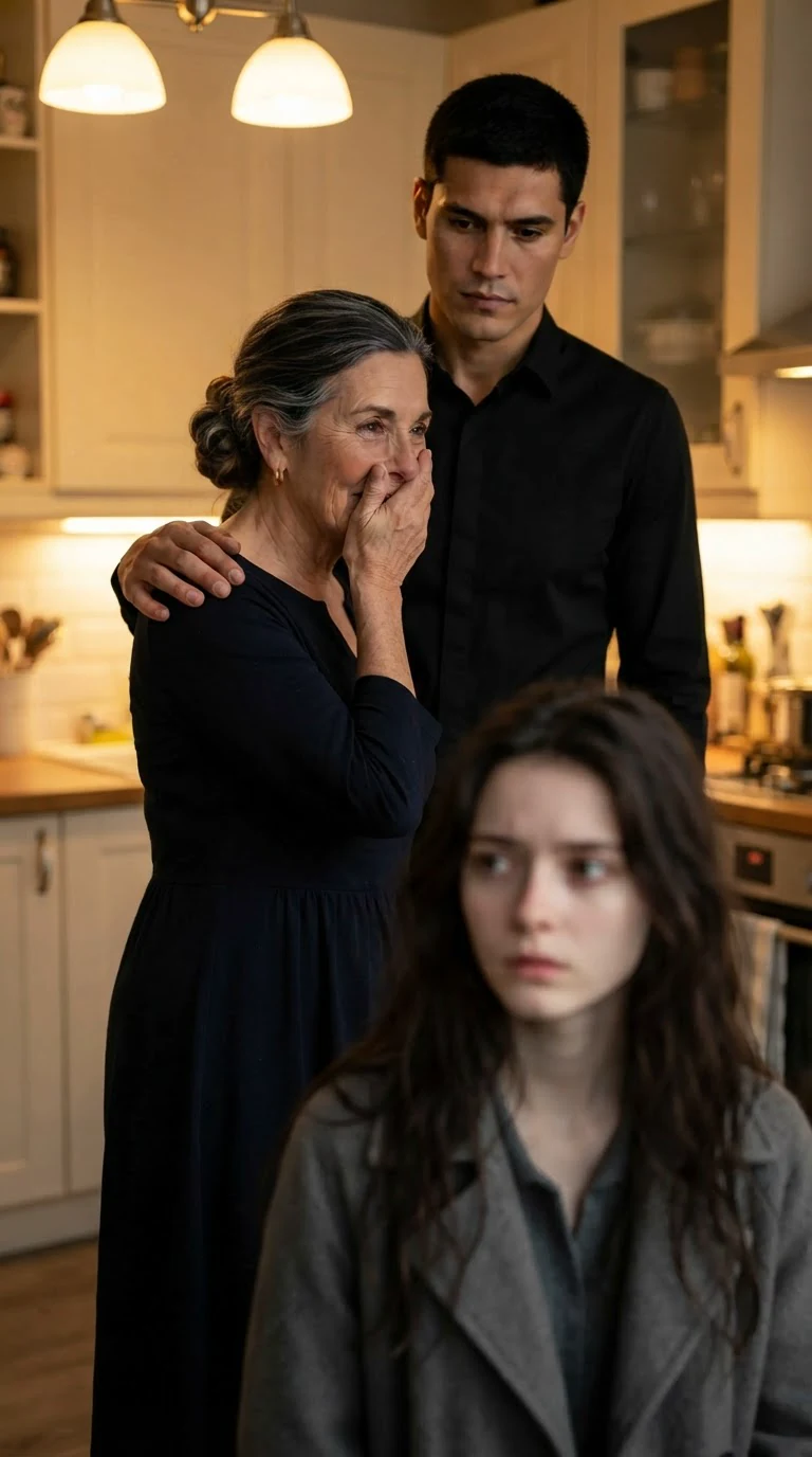The older woman covers her mouth and turns her face away, shoulders shaking.