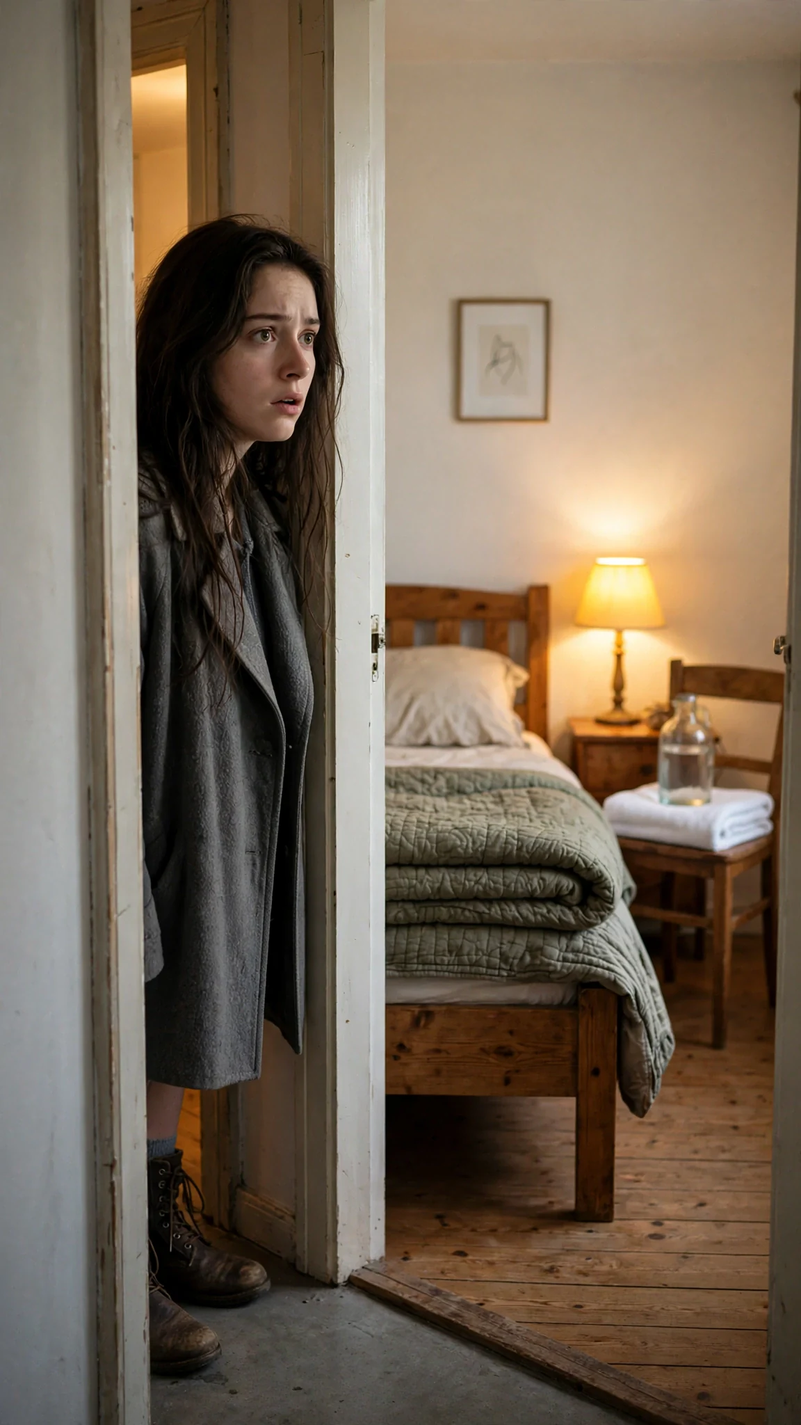 A small warm bedroom with a thick quilt and a soft lamp, and the young woman stopped in the doorway.