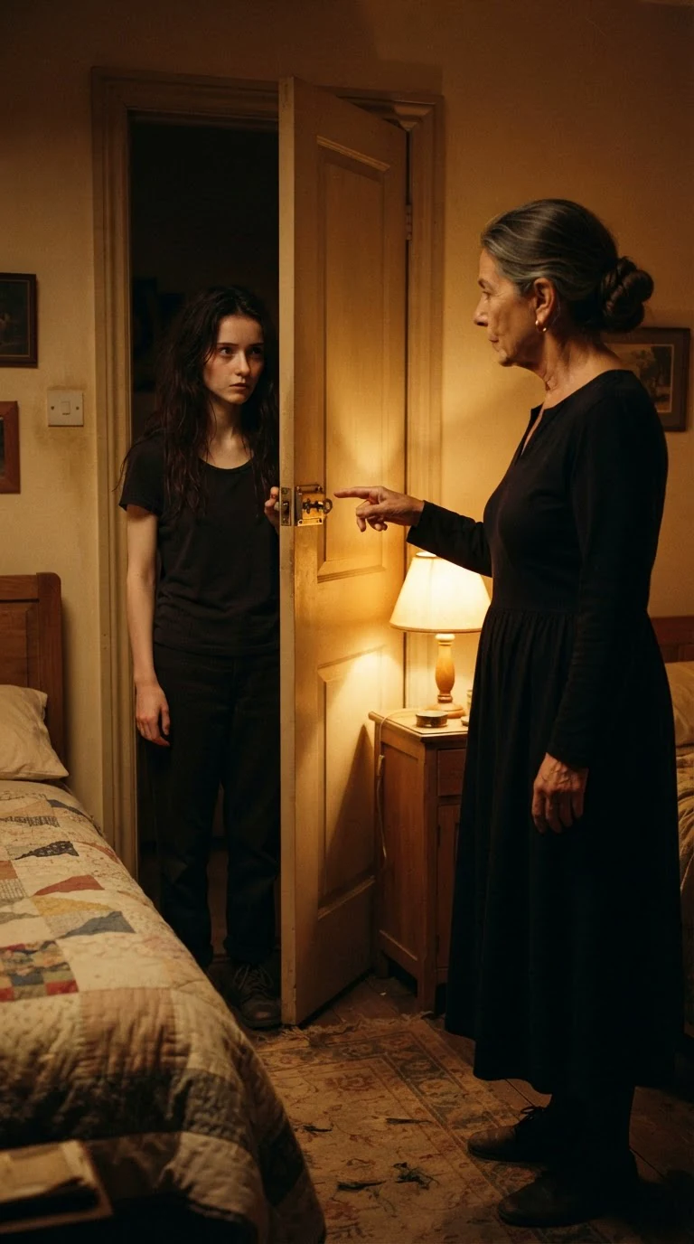 The older woman points at the door and its small brass lock, speaking gently.