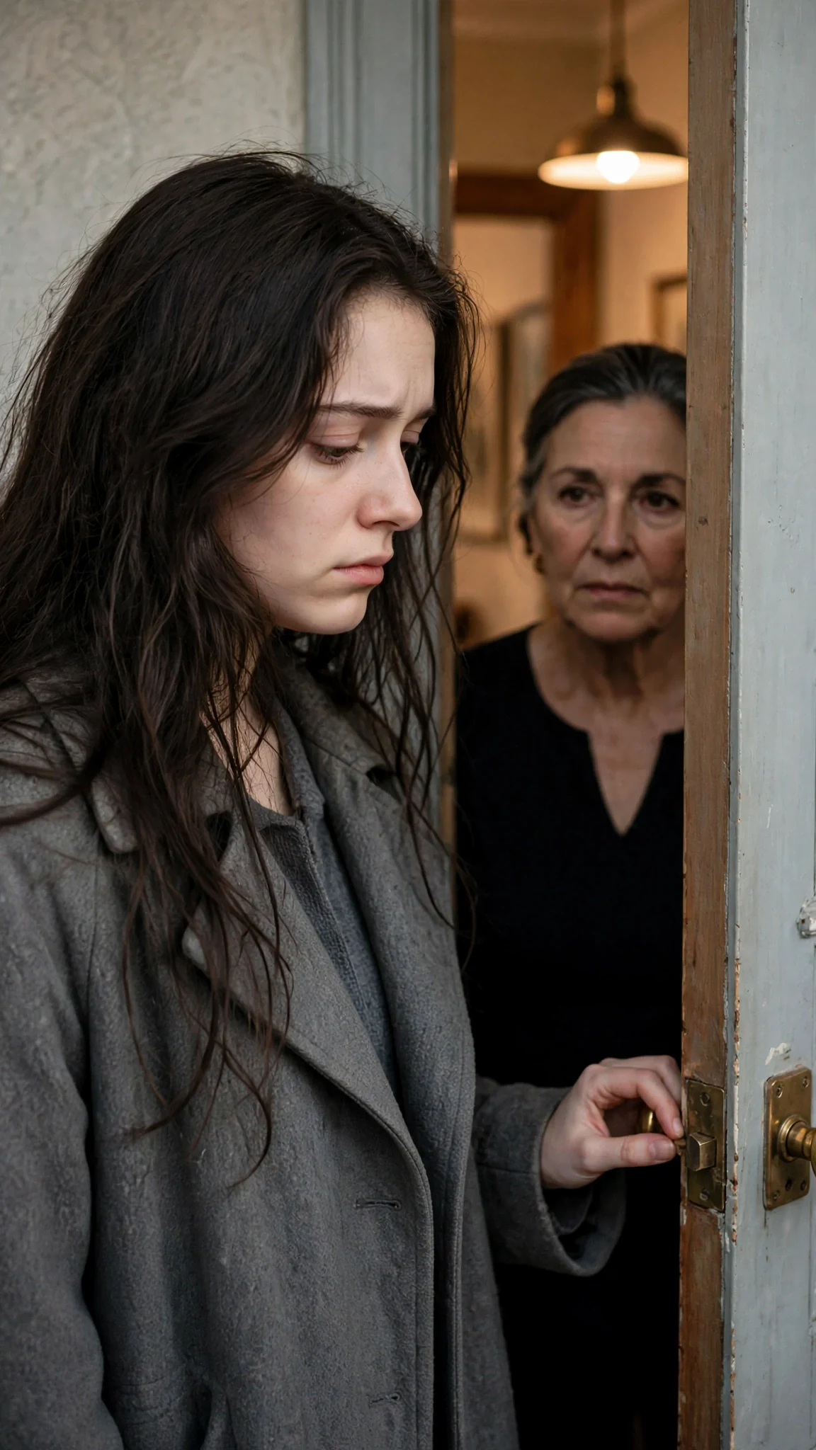 The young woman touches the brass lock with her fingertips while the older woman watches from the hall.