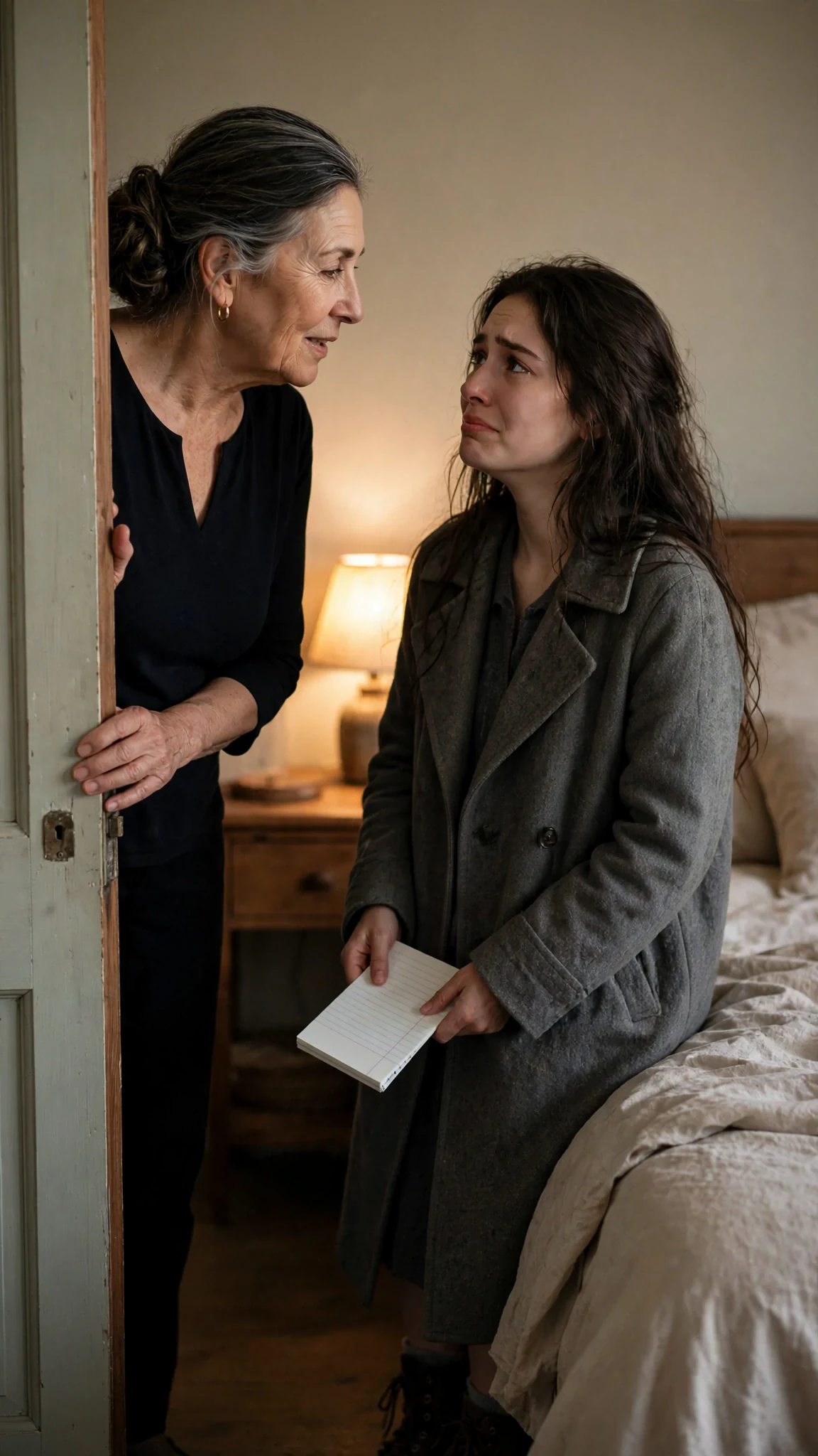 The older woman says something soft at the door while the young woman's eyes fill.