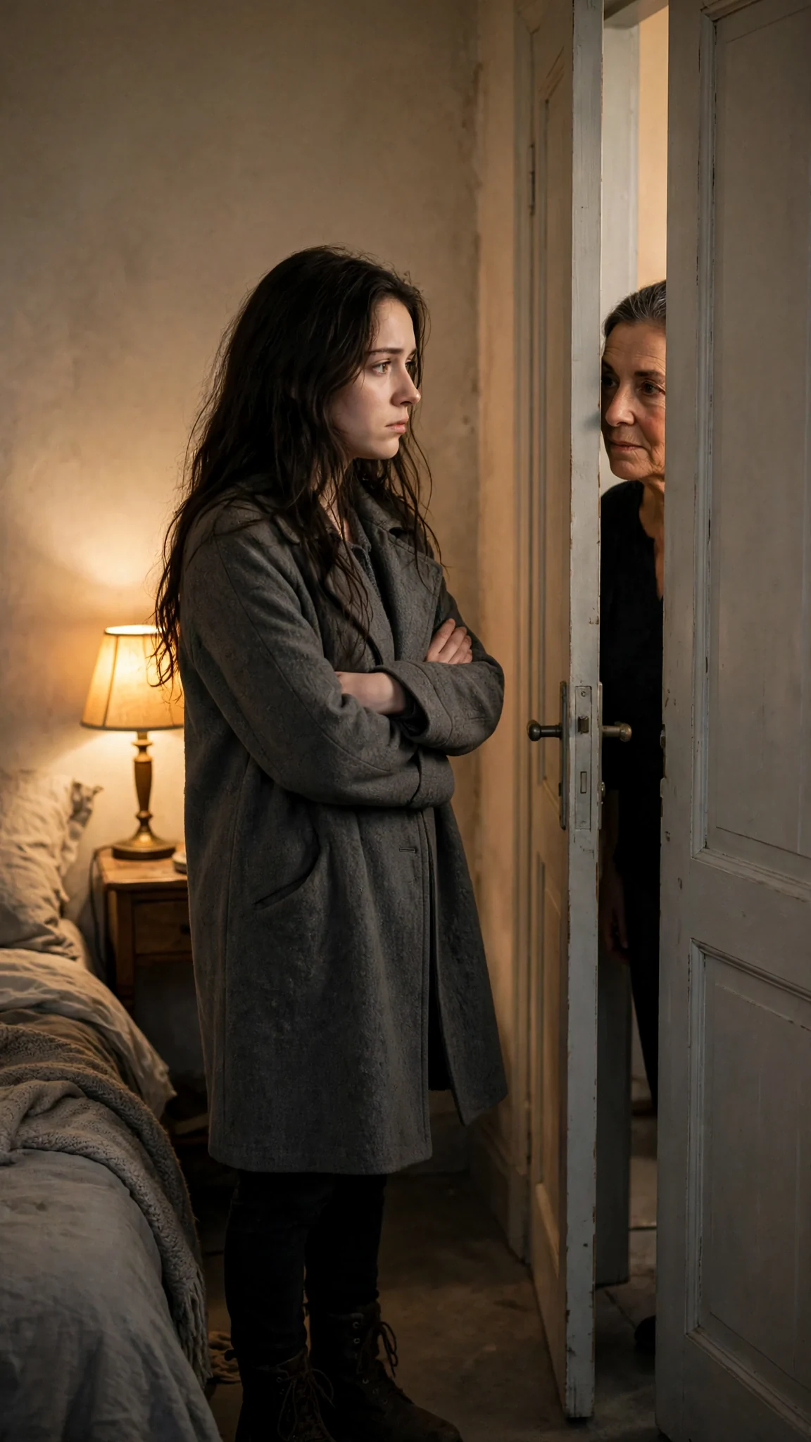 The bedroom door pulls shut, leaving the young woman alone in warm lamplight.