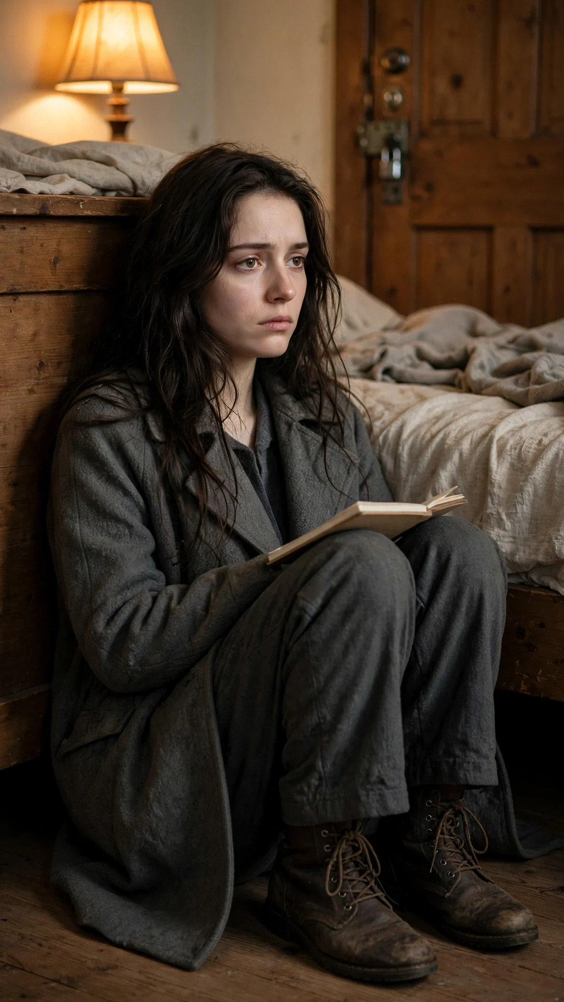 The young woman sits on the floor with her back against the bed, her pad on her knees.