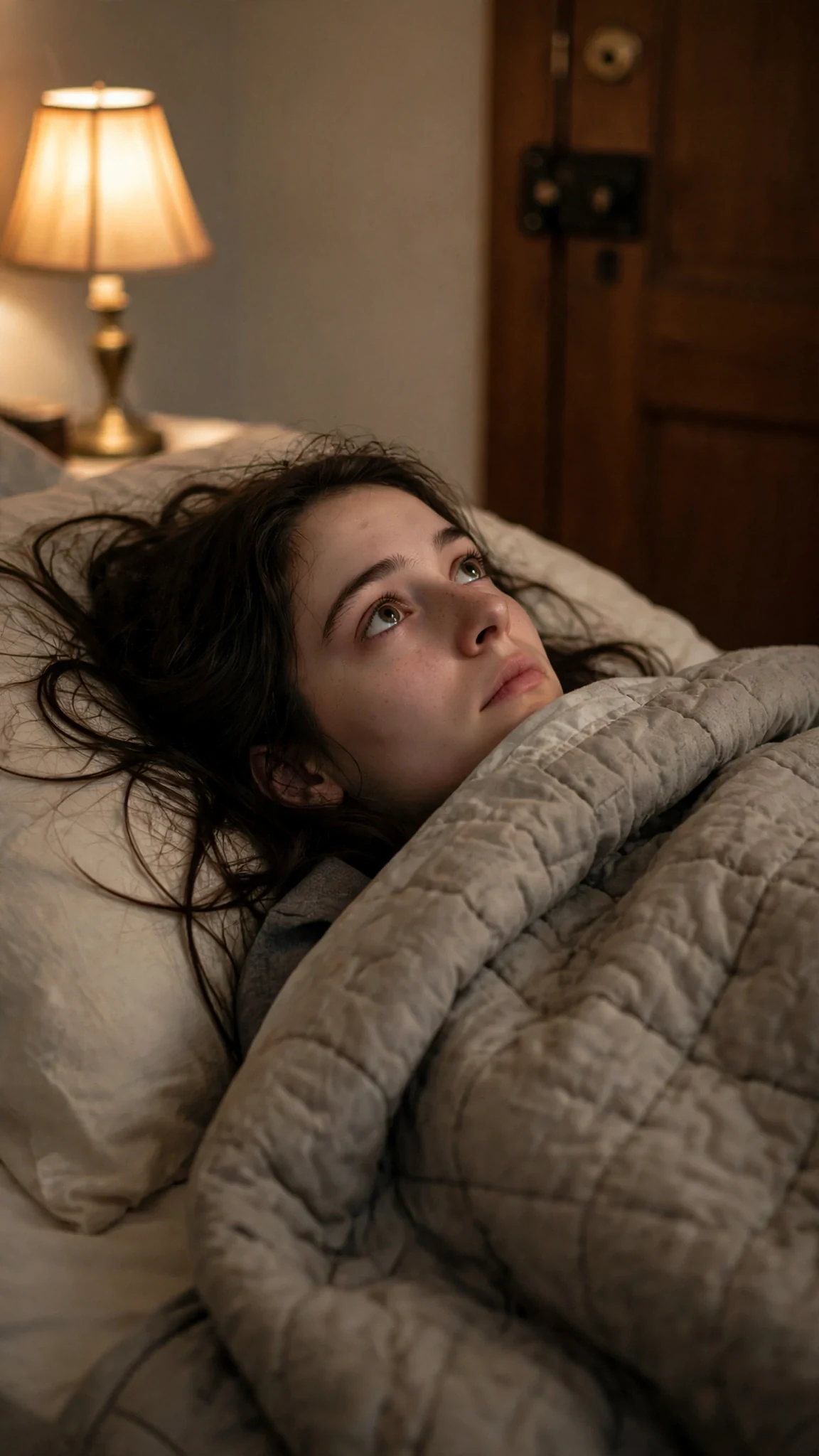 A quilt pulled up to a young woman's chin, the lamp still on, the door locked.