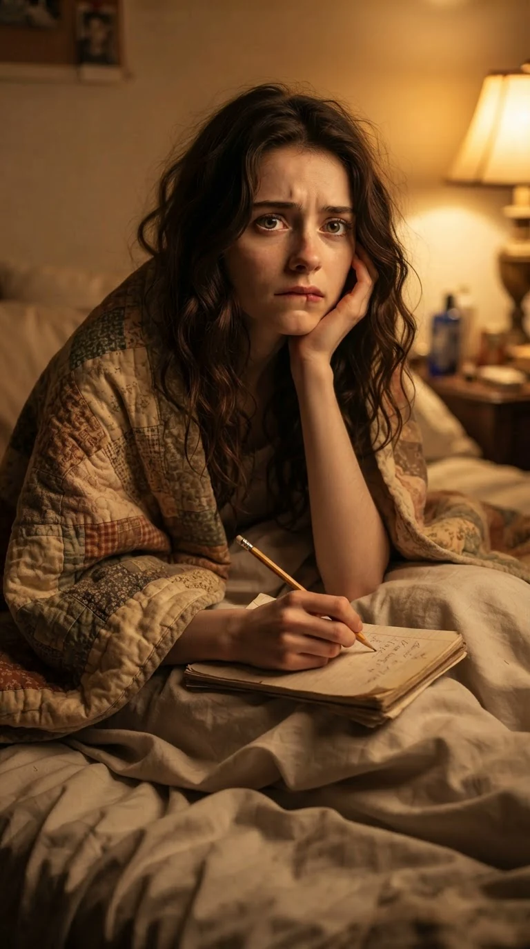 A young woman writes one last line on her pad by lamplight, her face afraid and hopeful.