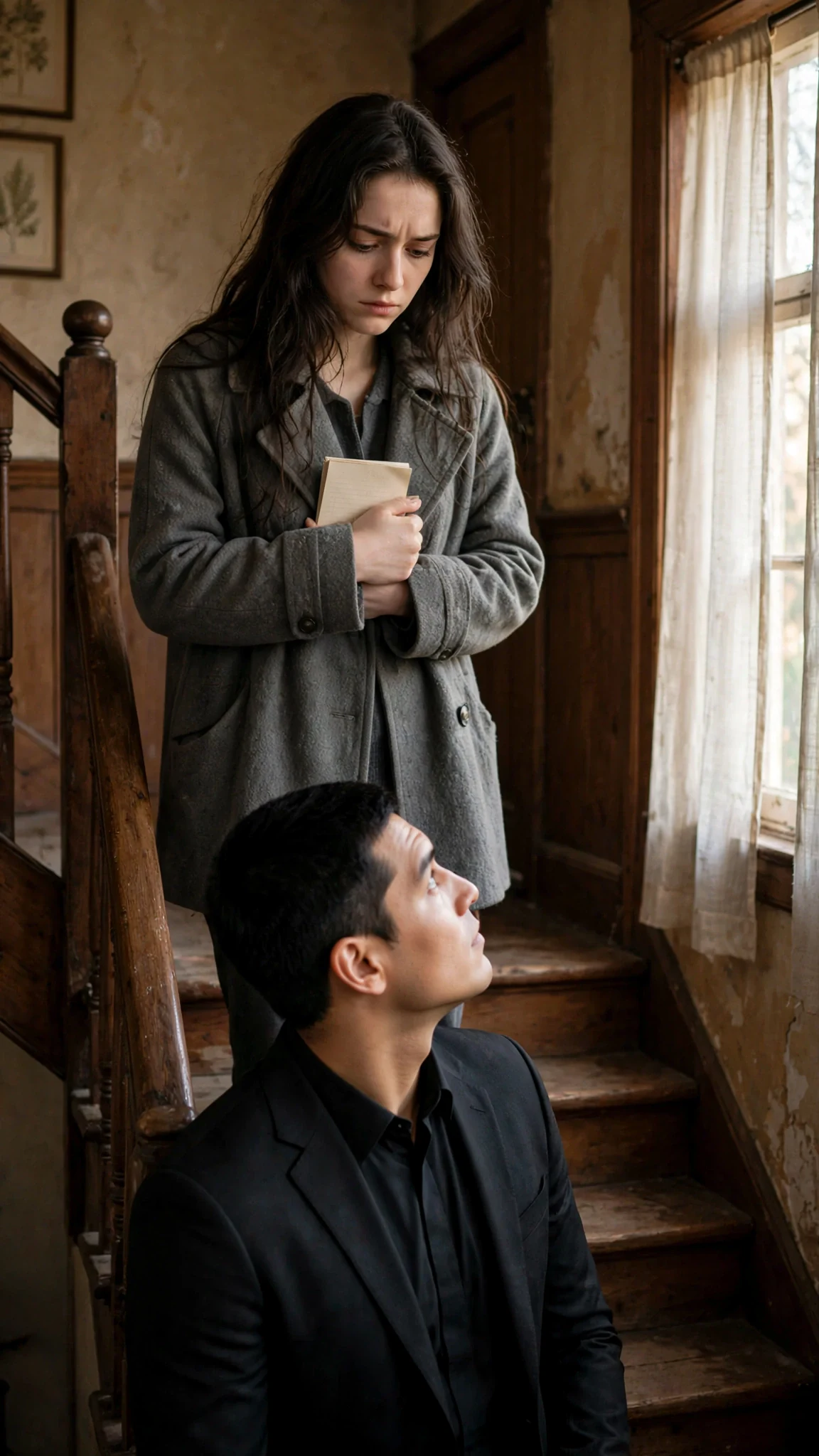 Aveline stands at the top of the stairs holding her notepad while Mattia waits below in the morning light.