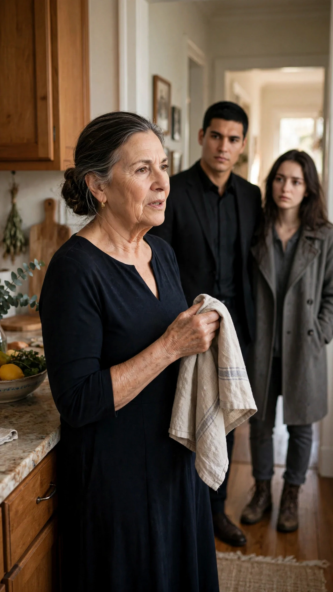 Alba speaks from the kitchen door while Mattia waits in the hall with Aveline.